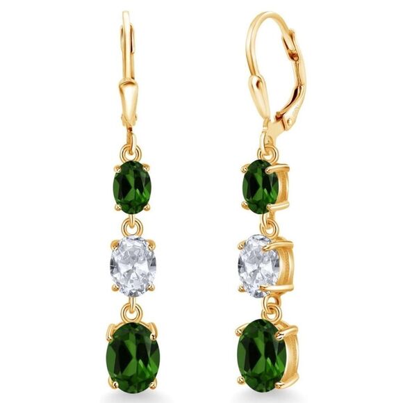 18K Yellow Gold with 5.50 Cttw 3 Stone Green Chrome Diopside and Topaz Earrings - Picture 1 of 5